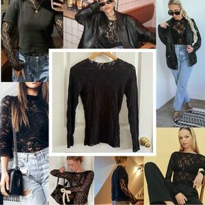 Sheer black lace long sleeve layering top